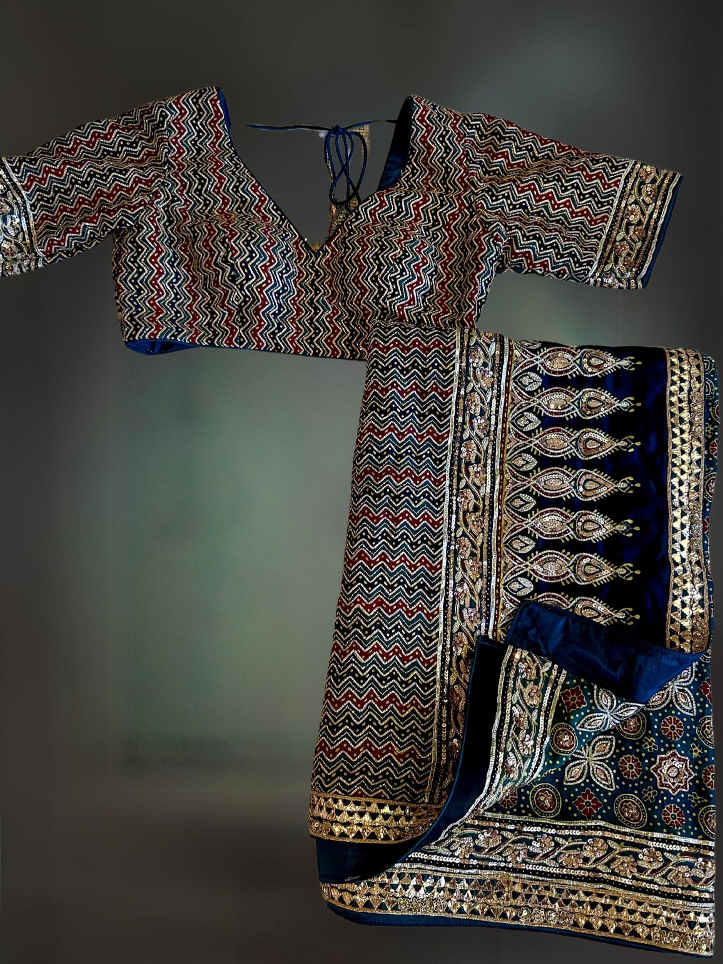 HEAVY EMBROIDERED GREEN AJRAKH SARI