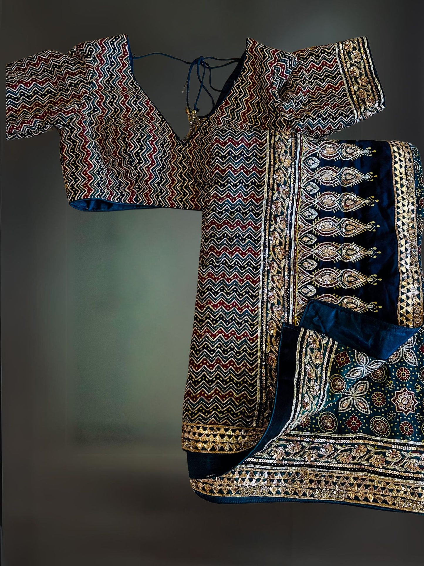 HEAVY EMBROIDERED GREEN AJRAKH SARI