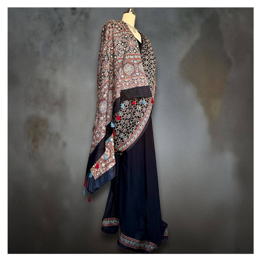 BLACK AJRAKH EMBROIDERED SARI