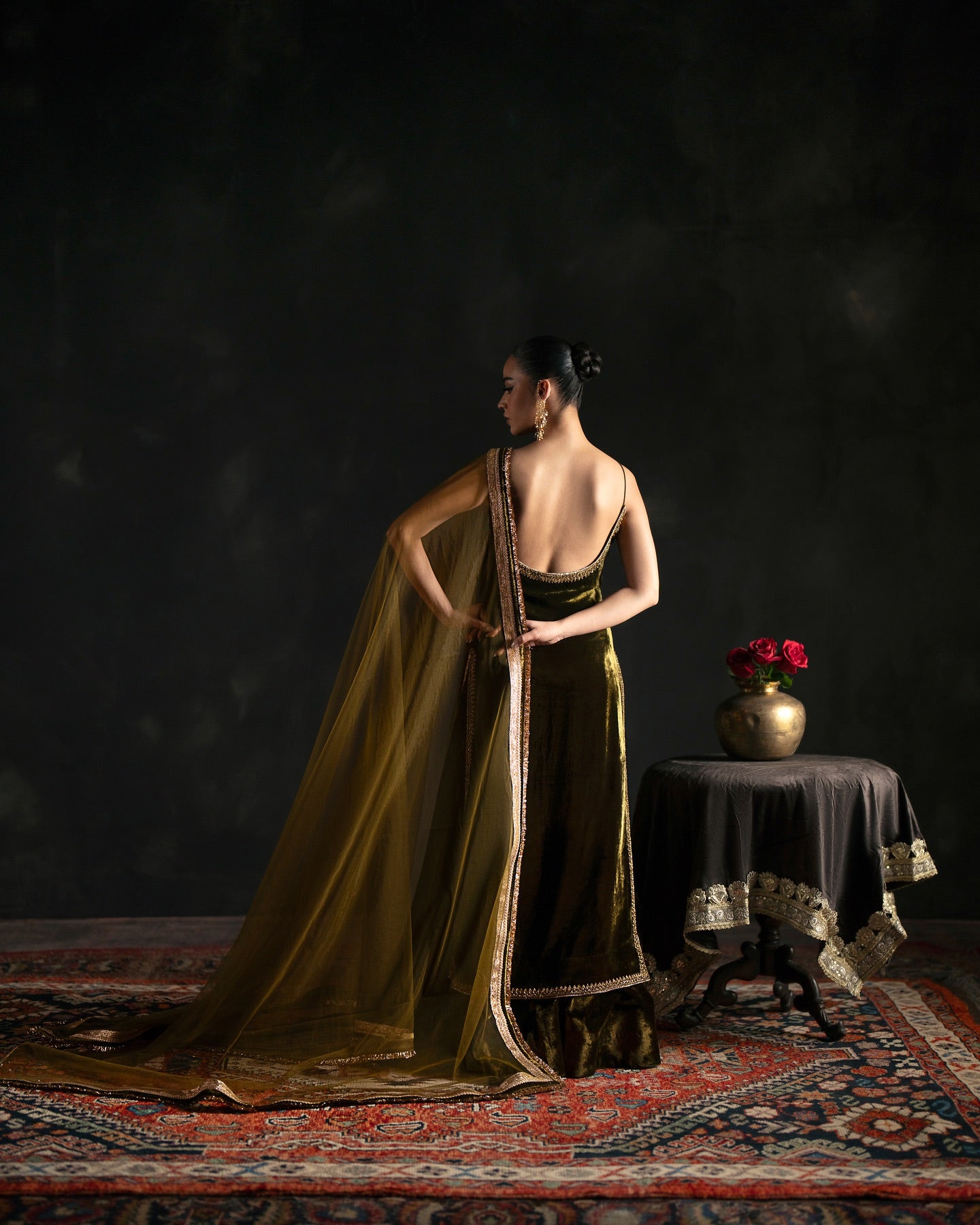 HEAVY GREEN VELVET EMBROIDERED SHARARA