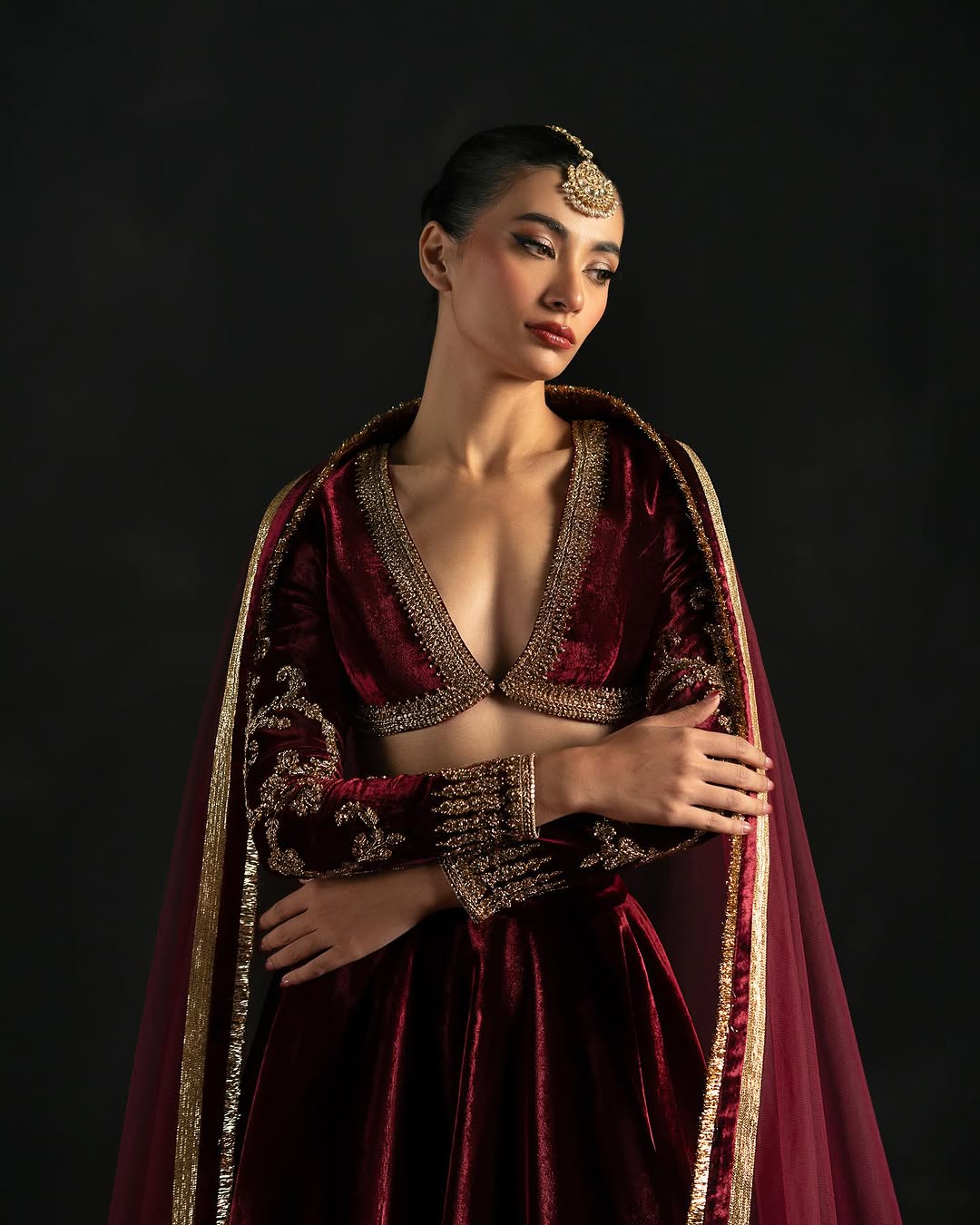 RED VELVET EMBROIDERED LEHENGA