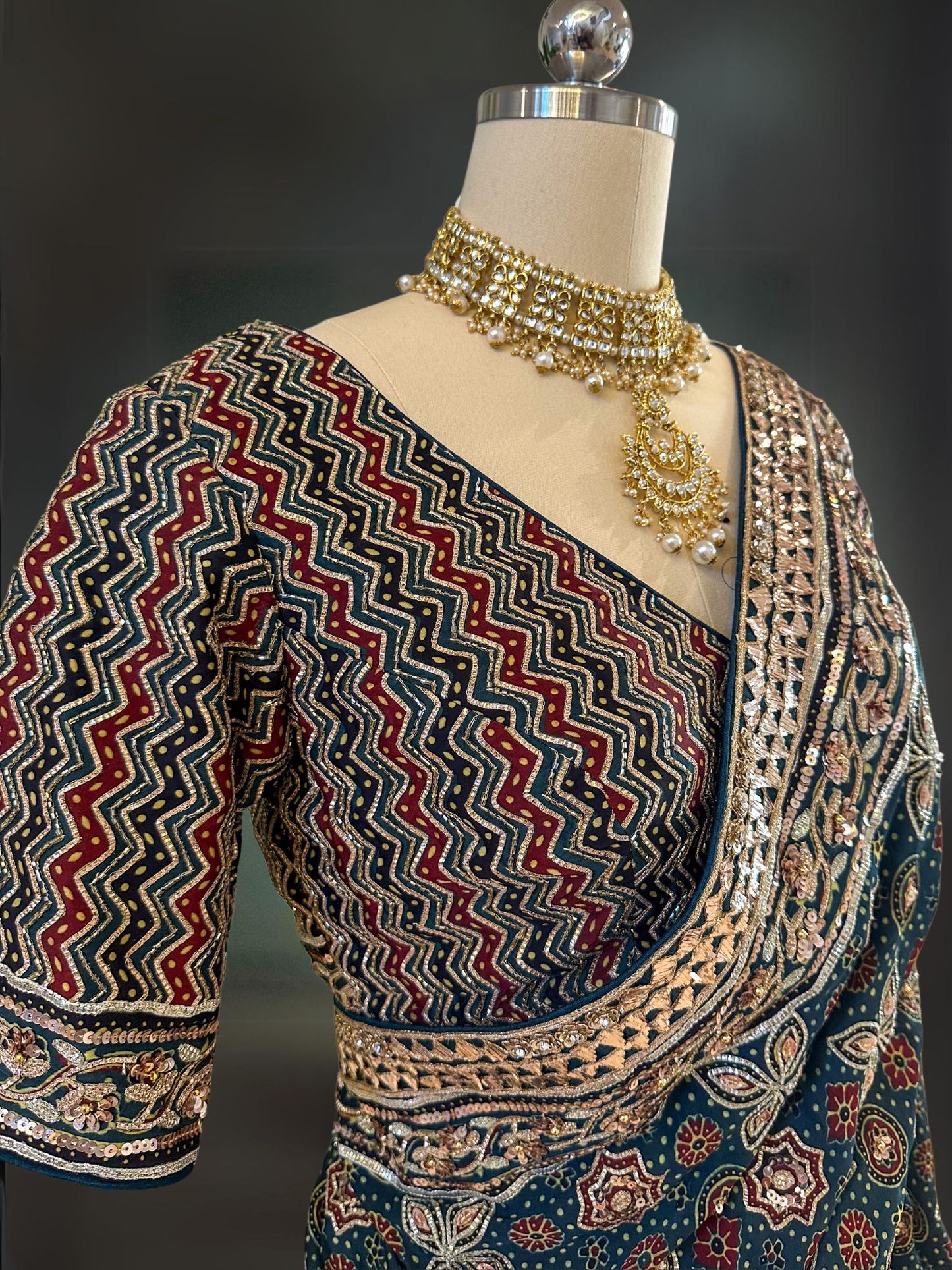 HEAVY EMBROIDERED GREEN AJRAKH SARI