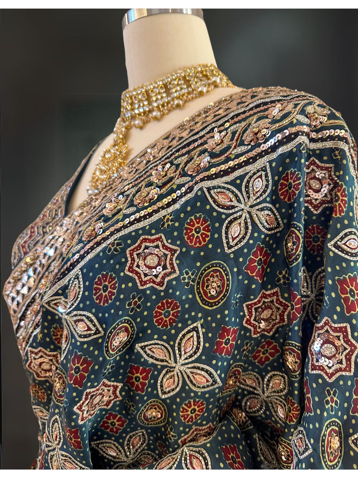 HEAVY EMBROIDERED GREEN AJRAKH SARI