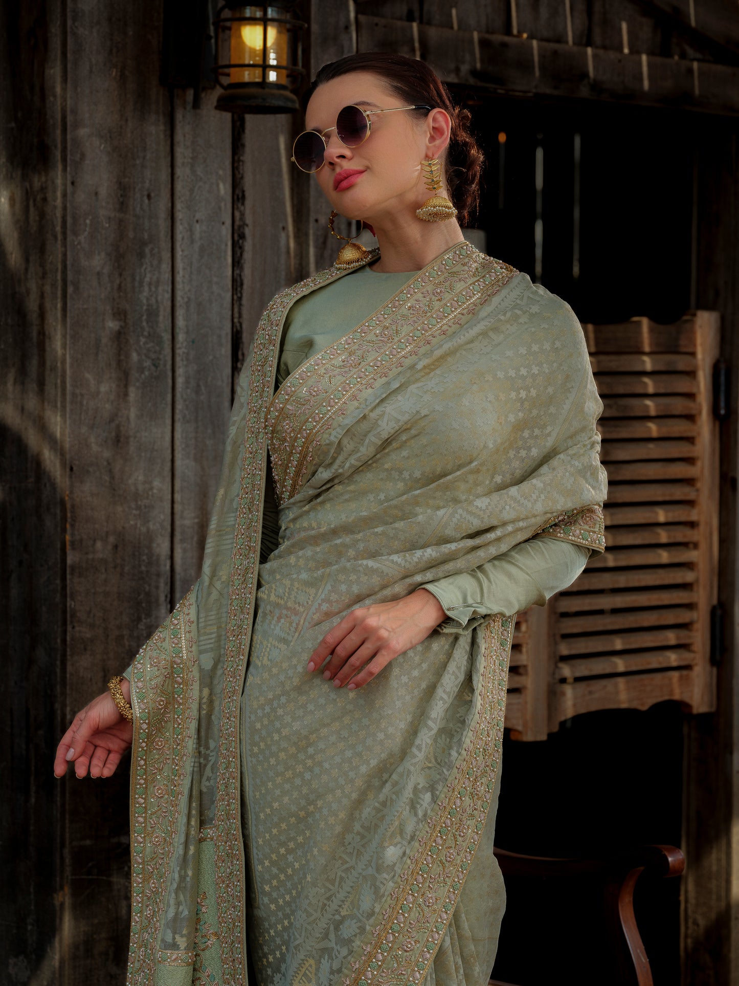 PISTA GREEN JAMDANI SARI WITH ZARDOZI