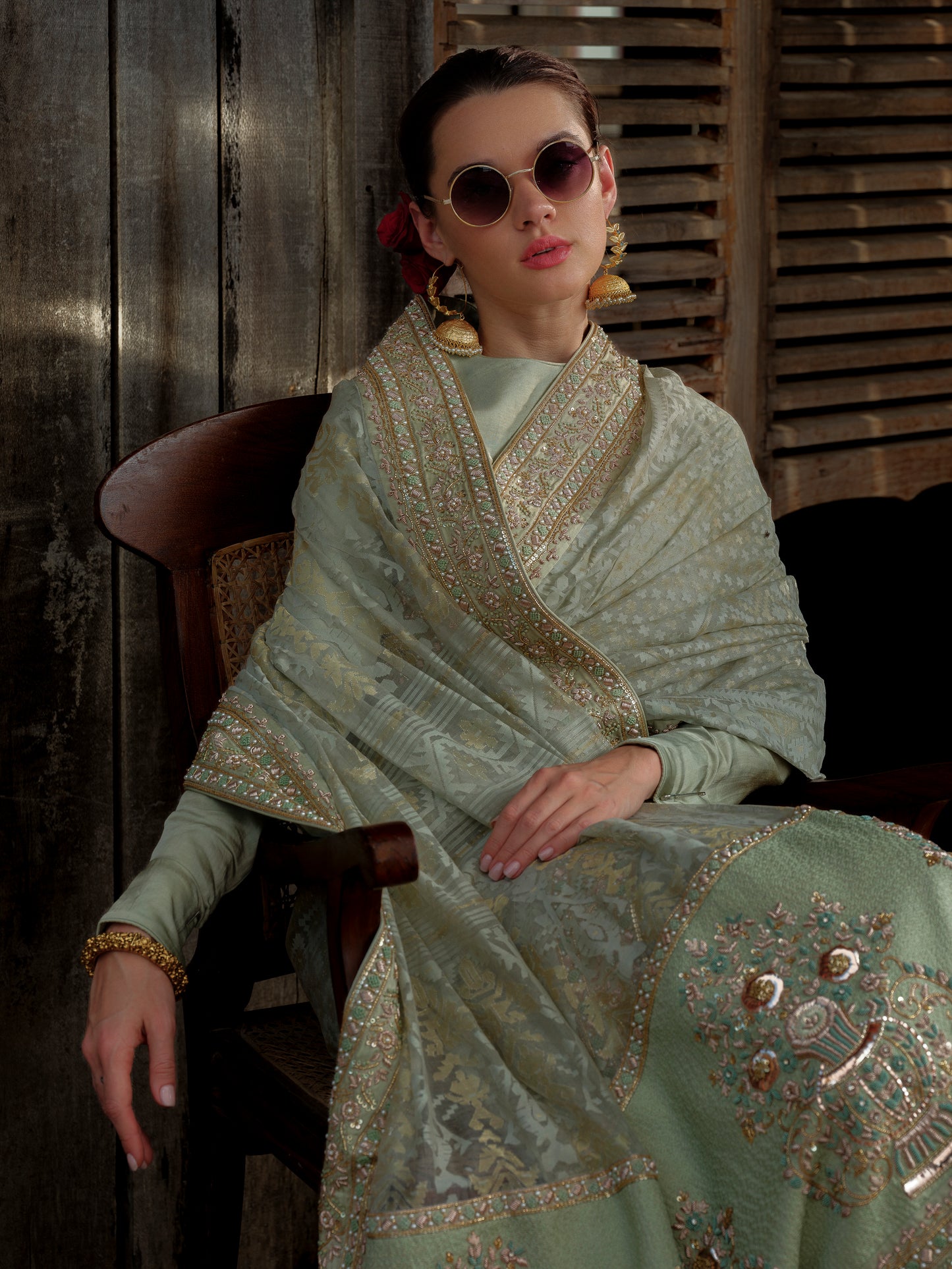 PISTA GREEN JAMDANI SARI WITH ZARDOZI
