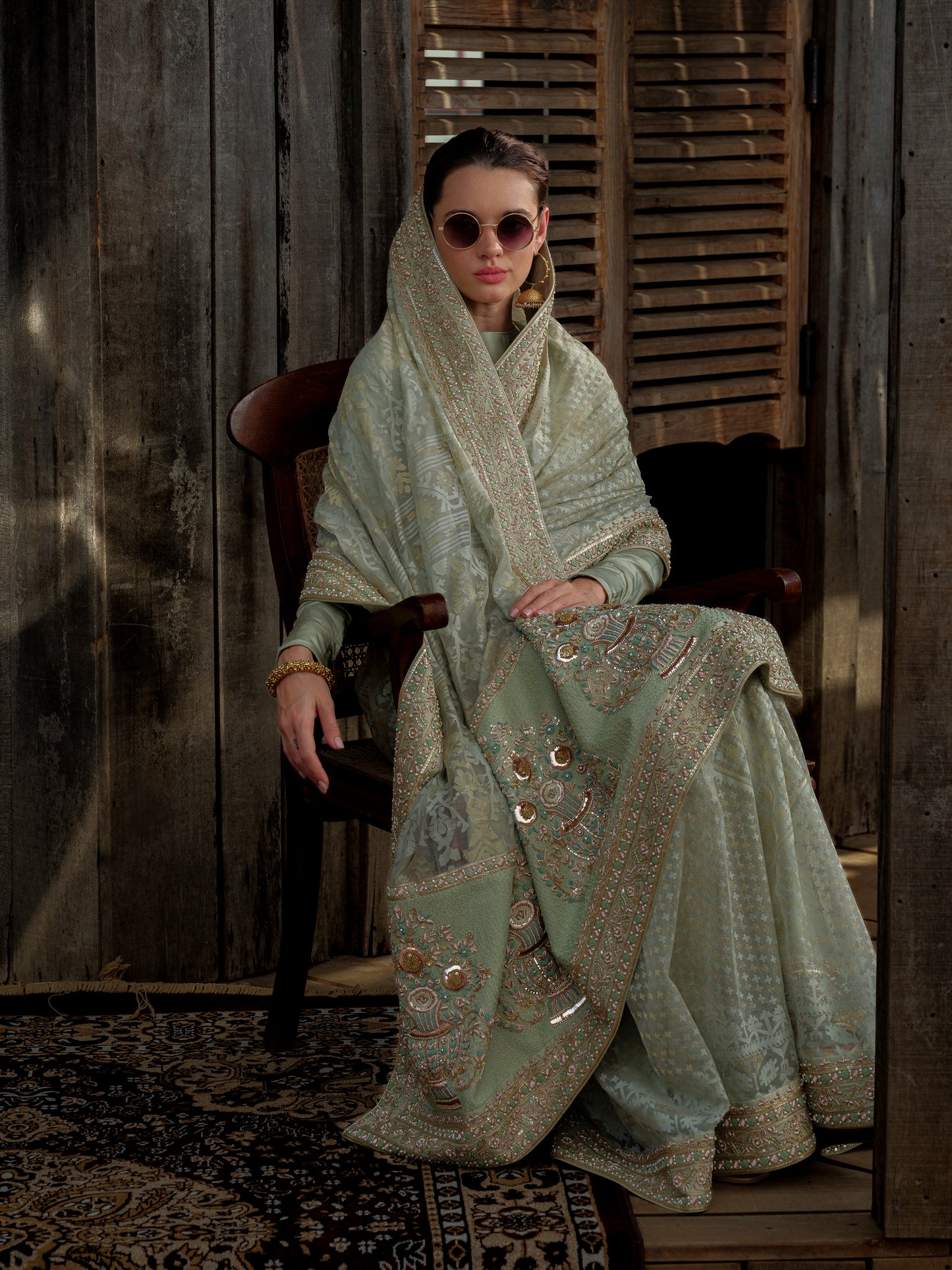 PISTA GREEN JAMDANI SARI WITH ZARDOZI