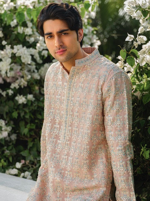 ORGANZA HEAVY HAND EMBROIDERED ZARDOZI KURTA IN PEACH
