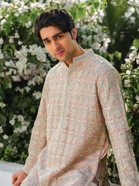ORGANZA HEAVY HAND EMBROIDERED ZARDOZI KURTA IN PEACH