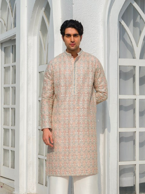 ORGANZA HEAVY HAND EMBROIDERED ZARDOZI KURTA IN PEACH