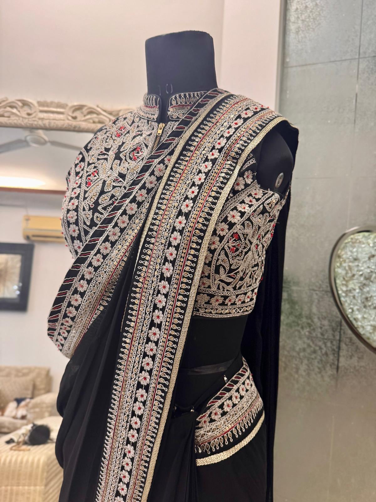 BLACK SILVER EMBROIDERED PRE DRAPED SAREE WITH POTLI
