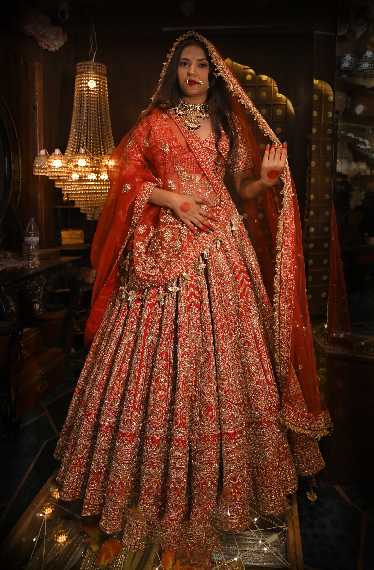 BANDHEJ MULIT BLOCK RED PANEL SILK LEGHENGA