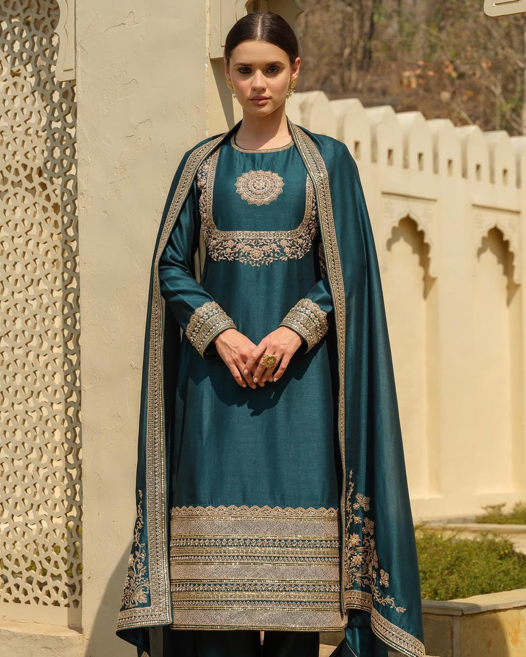 TEAL SILK BLUE GREEN ZARDOZI SALWAR SUIT