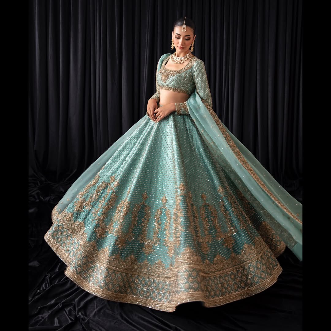 ZARDOZI & TILLA HAND EMBROIDERED LIGHT BLUE BRIDAL LEHENGA