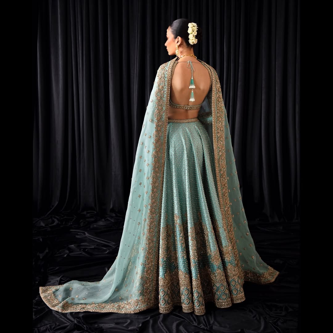 ZARDOZI & TILLA HAND EMBROIDERED LIGHT BLUE BRIDAL LEHENGA
