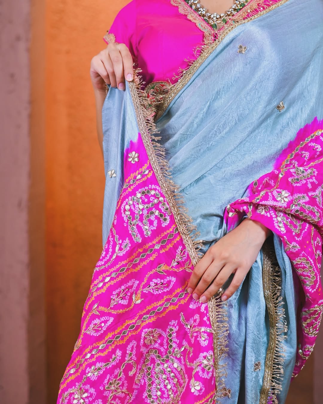 HANDCRAFTED BANDHANI SILK SARI- GREY & PINK