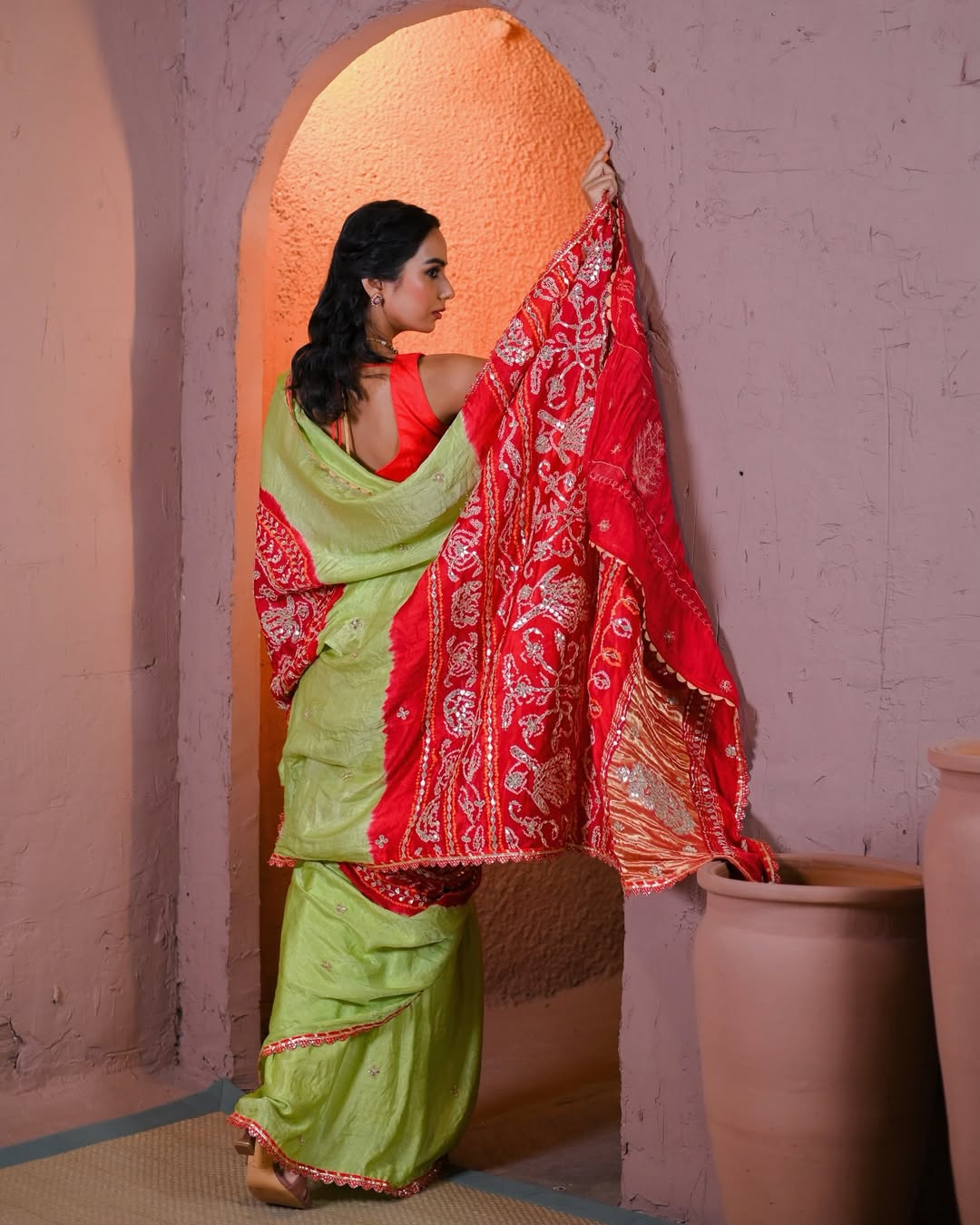 HANDCRAFTED BANDHANI SILK SARI- GREEN & RED