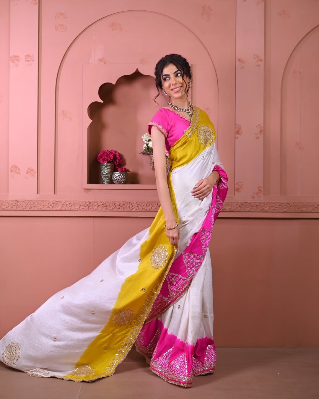 HANDCRAFTED BANDHANI SILK SARI- WHITE & PINK