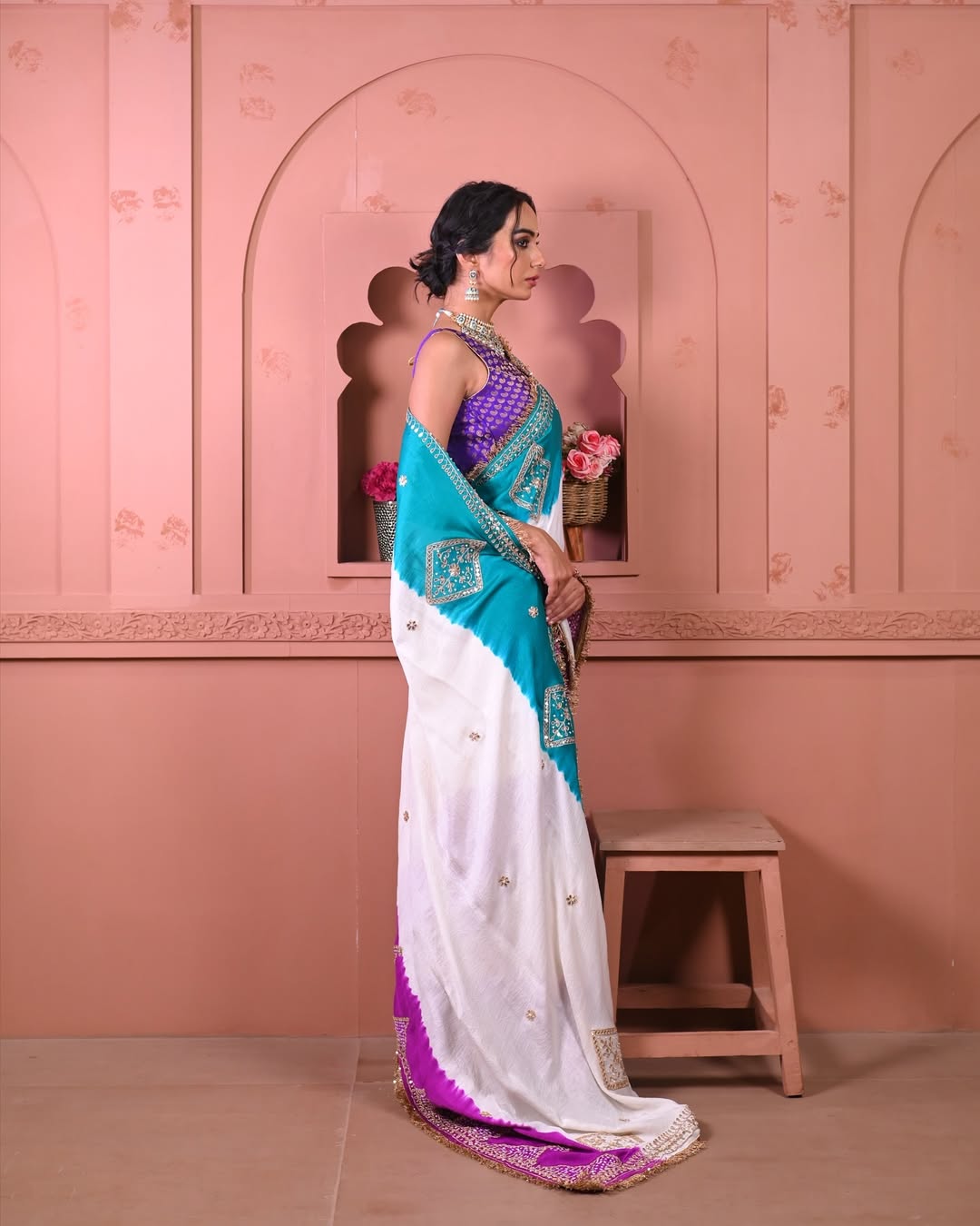 HANDCRAFTED BANDHANI SILK SARI- WHITE WITH YELLOW/BLUE