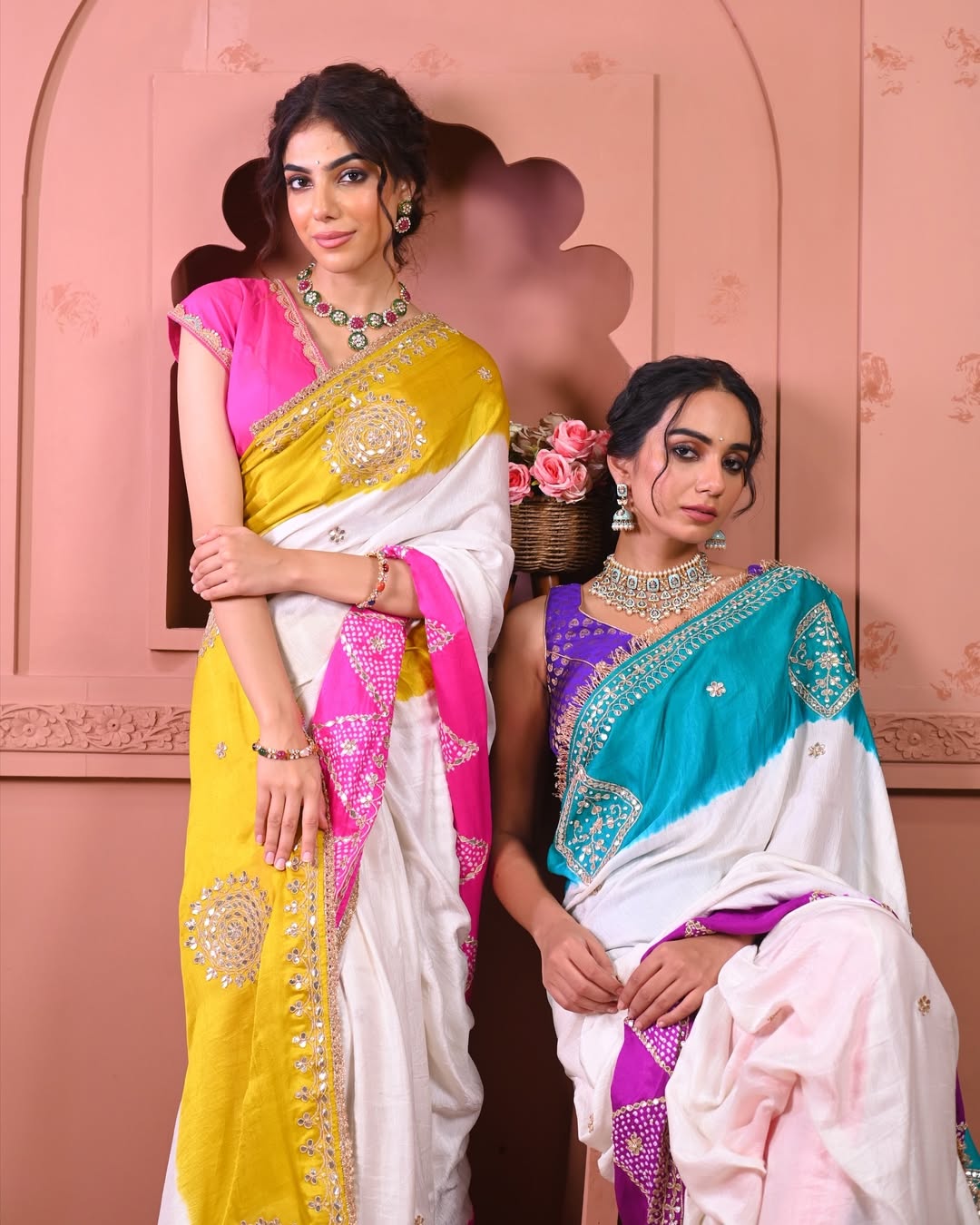 HANDCRAFTED BANDHANI SILK SARI- WHITE WITH YELLOW/BLUE