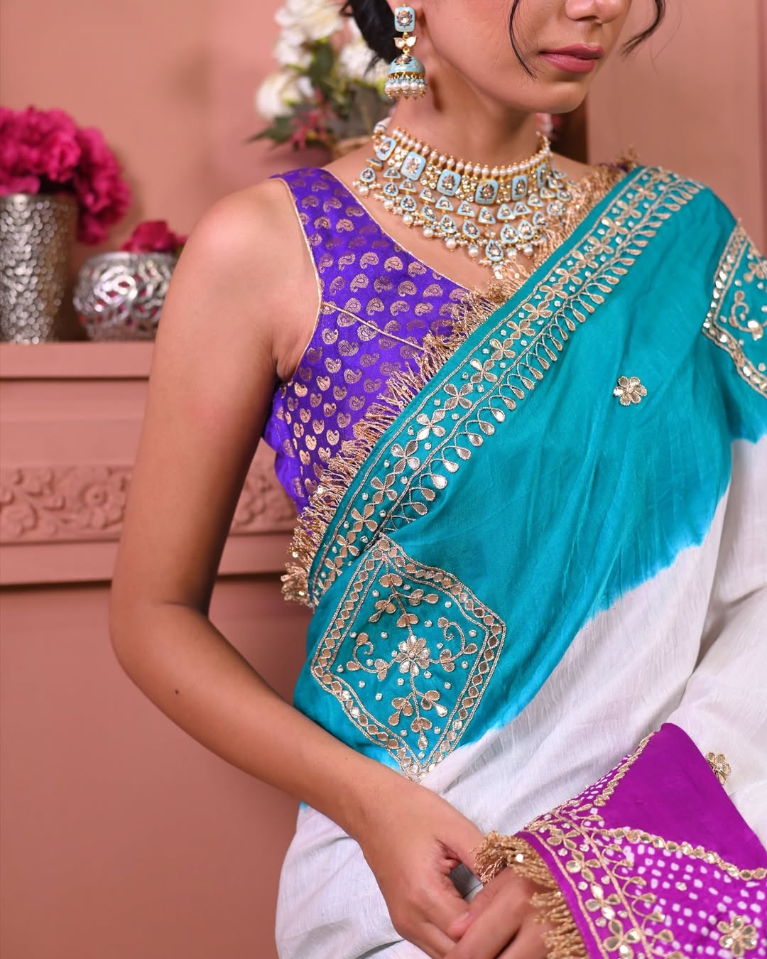 HANDCRAFTED BANDHANI SILK SARI- WHITE WITH YELLOW/BLUE