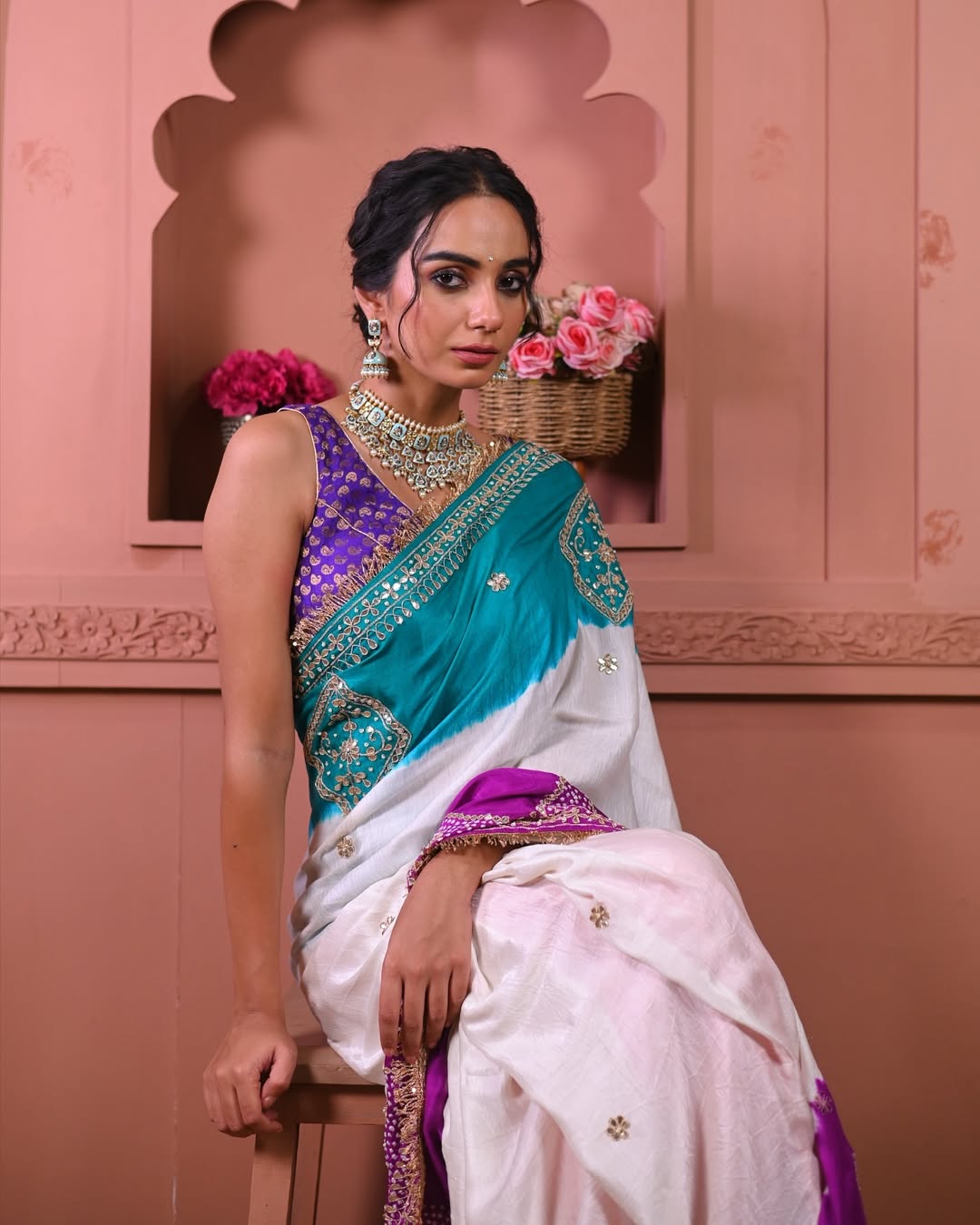 HANDCRAFTED BANDHANI SILK SARI- WHITE WITH YELLOW/BLUE