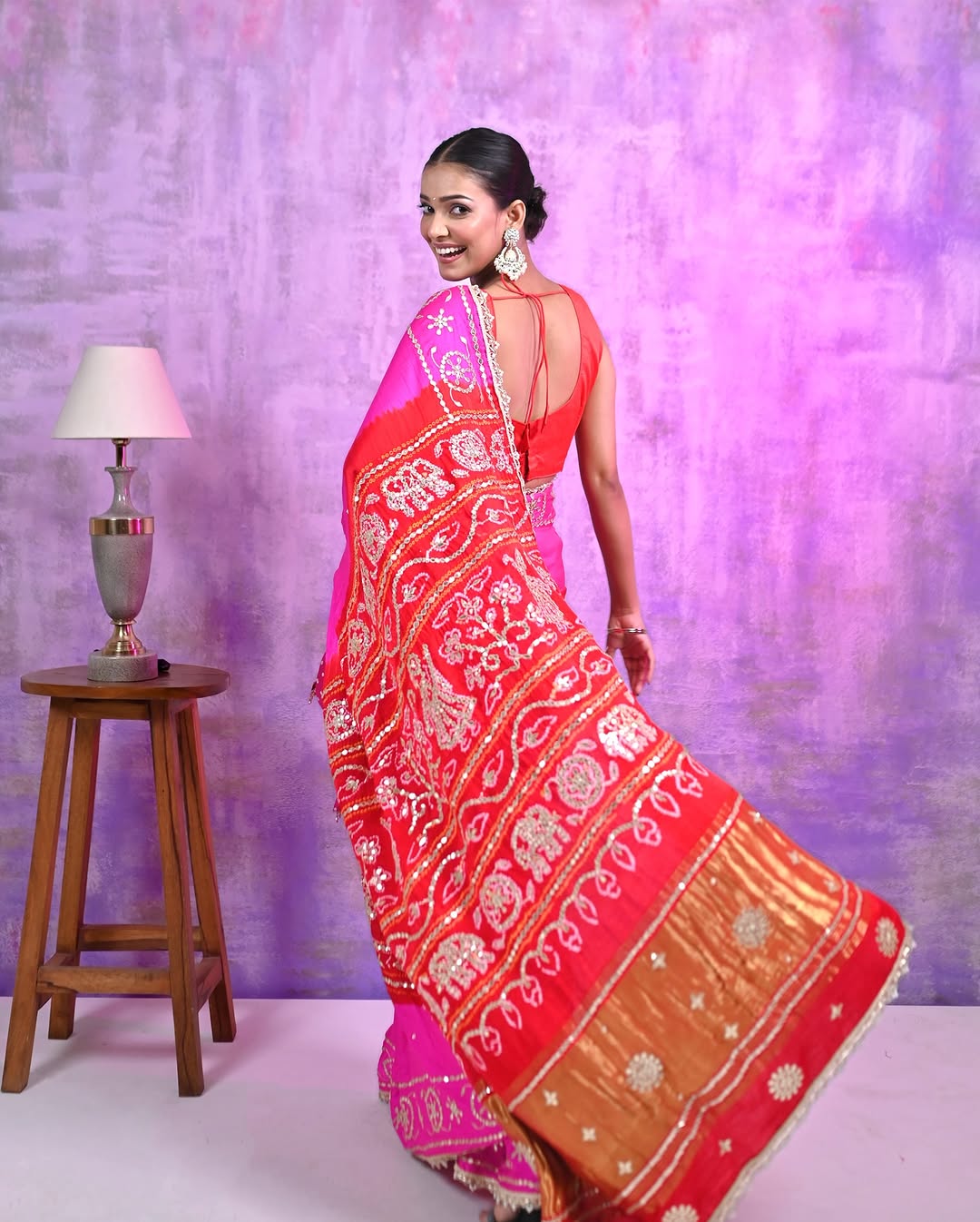HANDCRAFTED BANDHANI SILK SARI- PINK & ORANGE