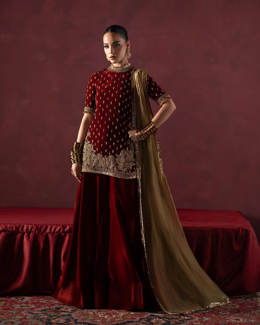 RED AND GOLD EMBROIDERED VELVET SHARARA