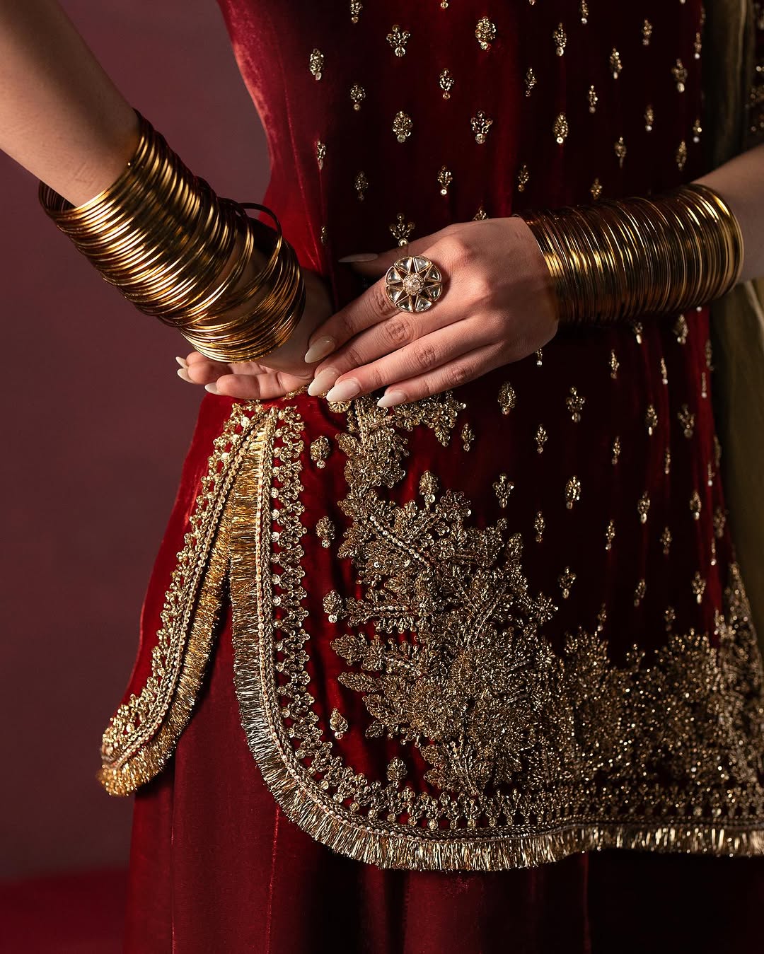 RED AND GOLD EMBROIDERED VELVET SHARARA