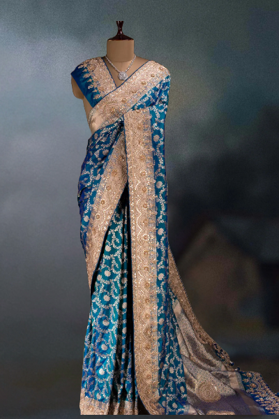 TEAL BLUE EMBROIDERED BANARASI SILK SARI