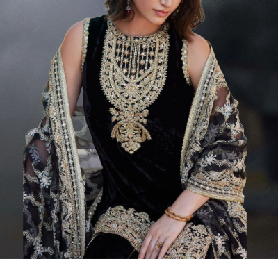 BLACK VELVET TOP WITH FLARED PANTS