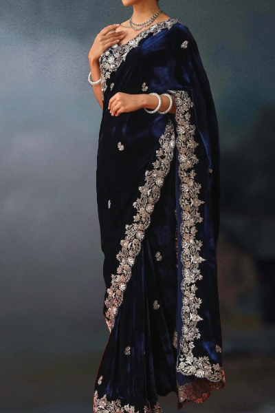 VELVET BLUE ZARDOZI SARI