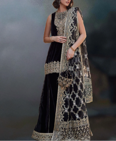 BLACK VELVET TOP WITH FLARED PANTS
