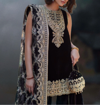 BLACK VELVET TOP WITH FLARED PANTS