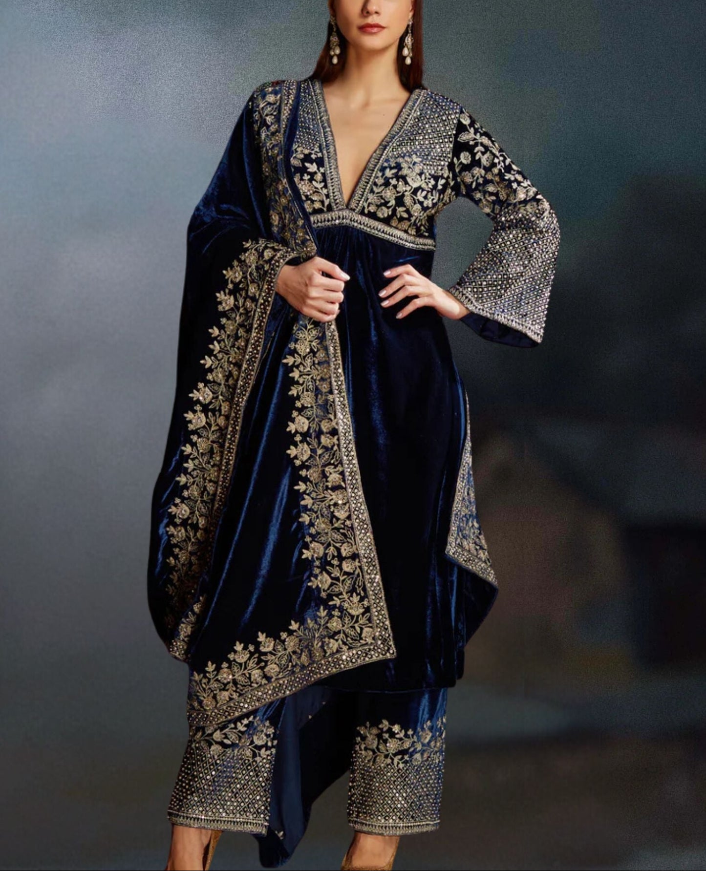 BLUE SILVER EMBROIDERED VELVET SUIT