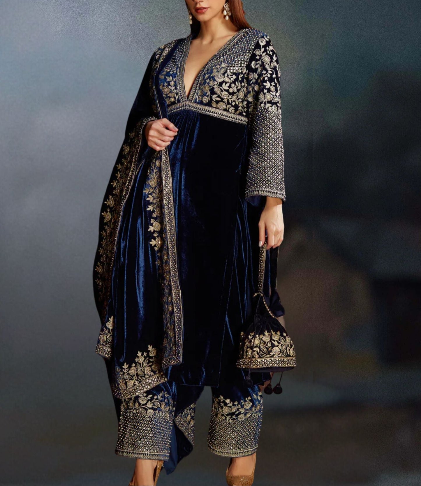BLUE SILVER EMBROIDERED VELVET SUIT