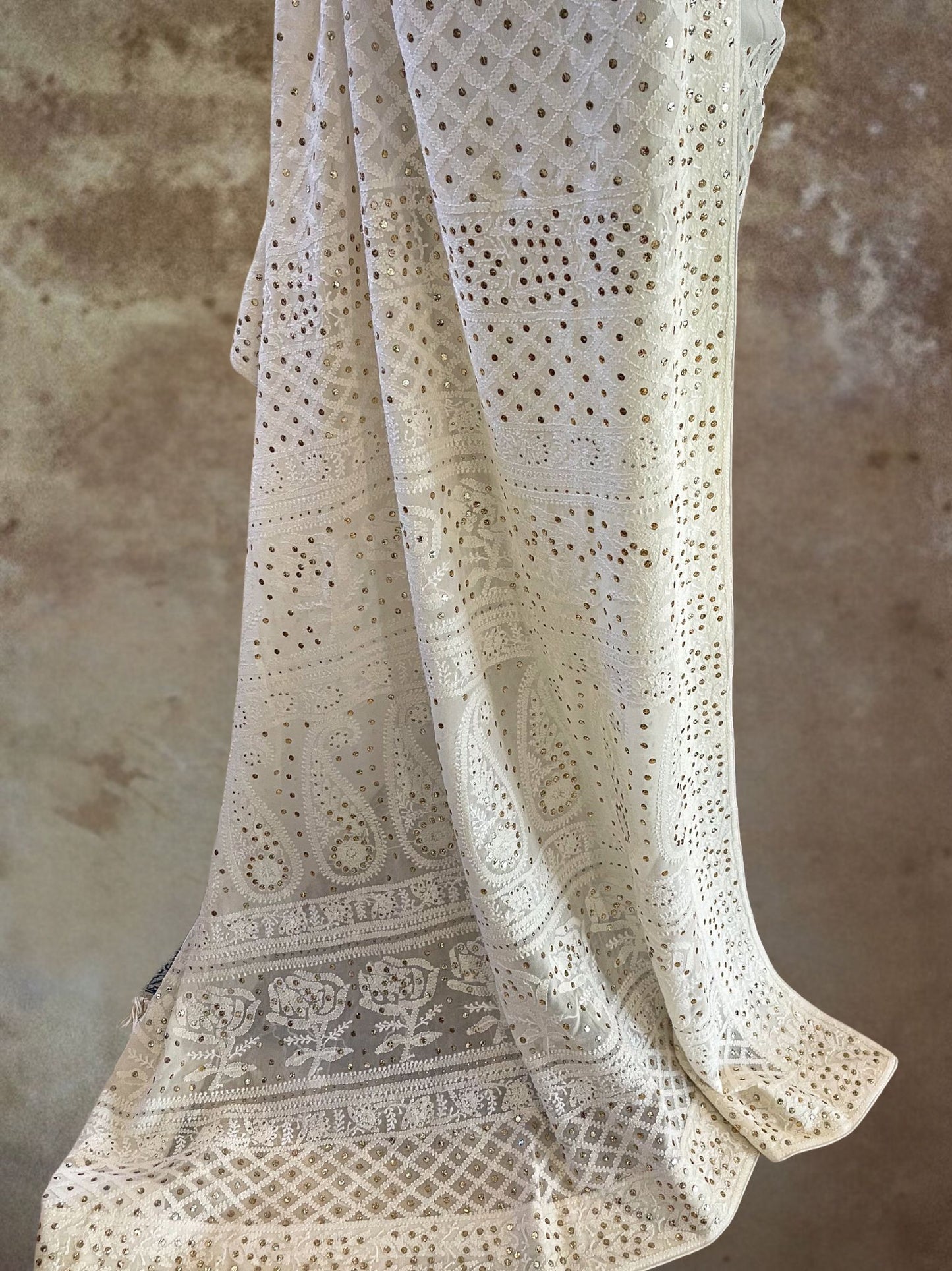 IVORY CHIKANKARI SARI WITH AJRAKH BLOUSE