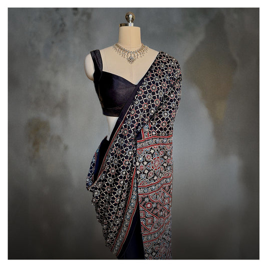 BLACK AJRAKH EMBROIDERED SARI