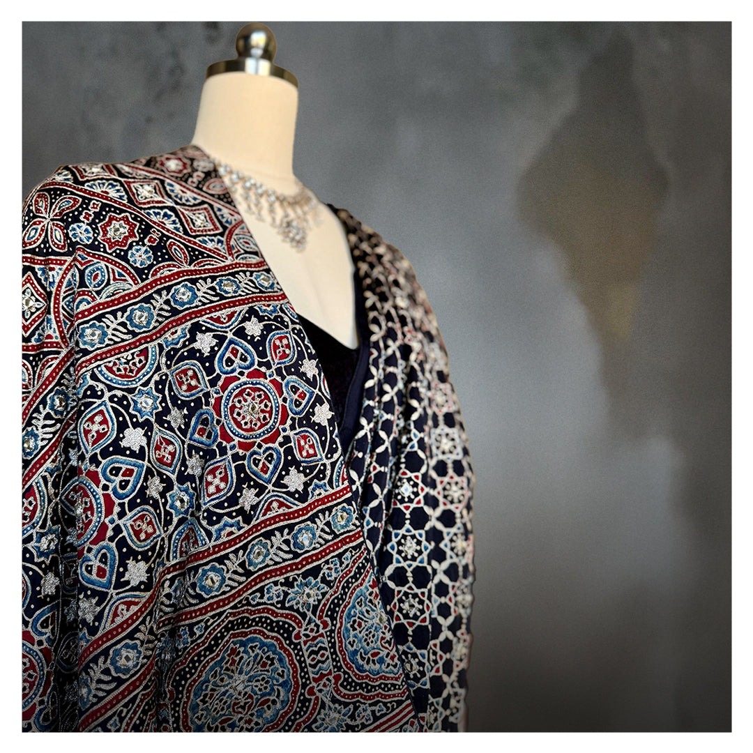 BLACK AJRAKH EMBROIDERED SARI