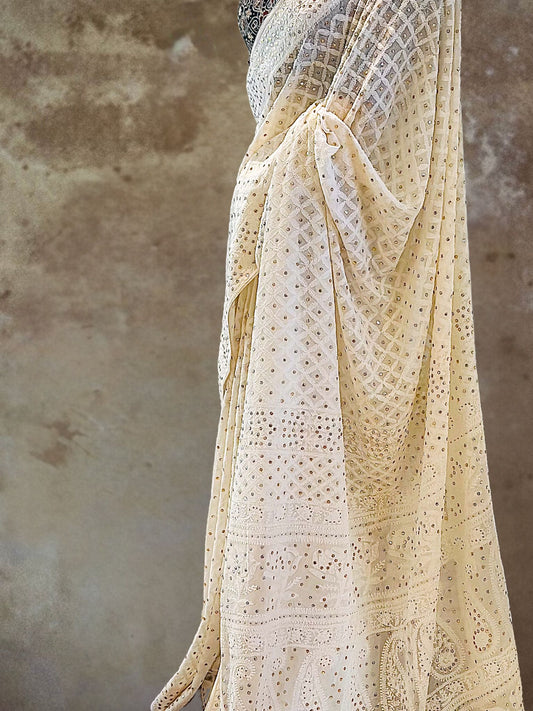 IVORY CHIKANKARI SARI WITH AJRAKH BLOUSE