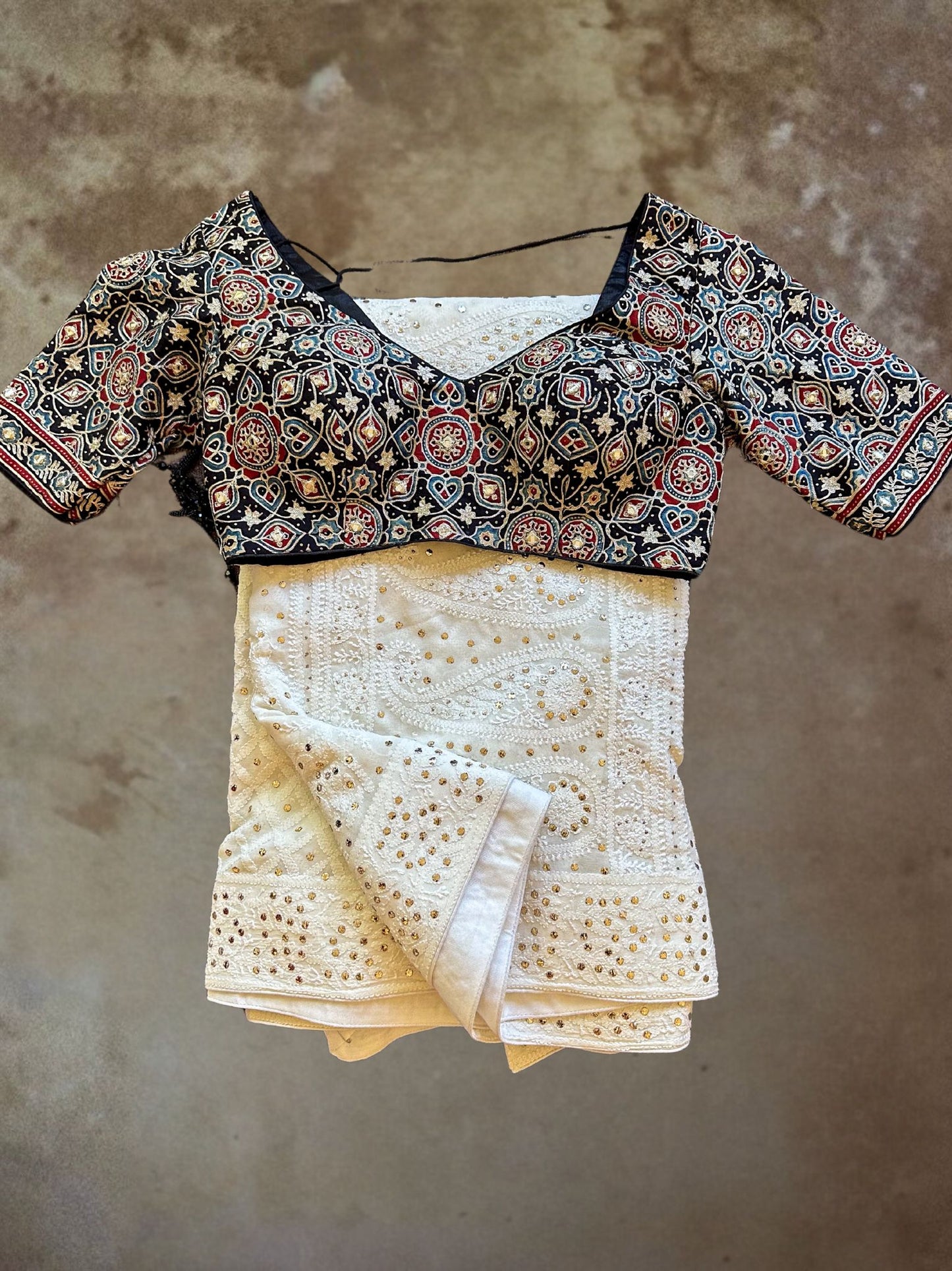 IVORY CHIKANKARI SARI WITH AJRAKH BLOUSE
