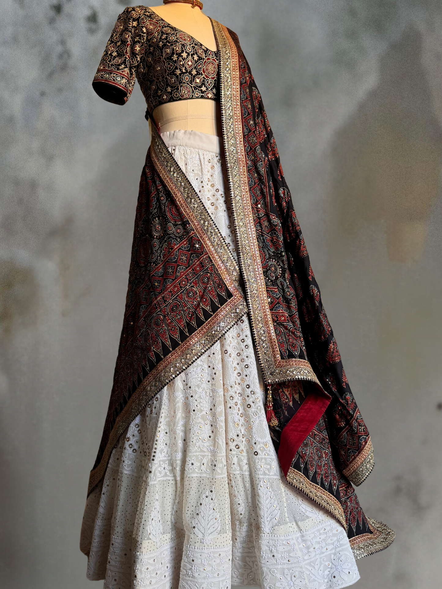 AJRAKH AND CHIKAN EMBROIDRED LEHENGA