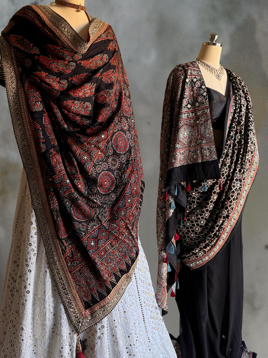AJRAKH AND CHIKAN EMBROIDRED LEHENGA