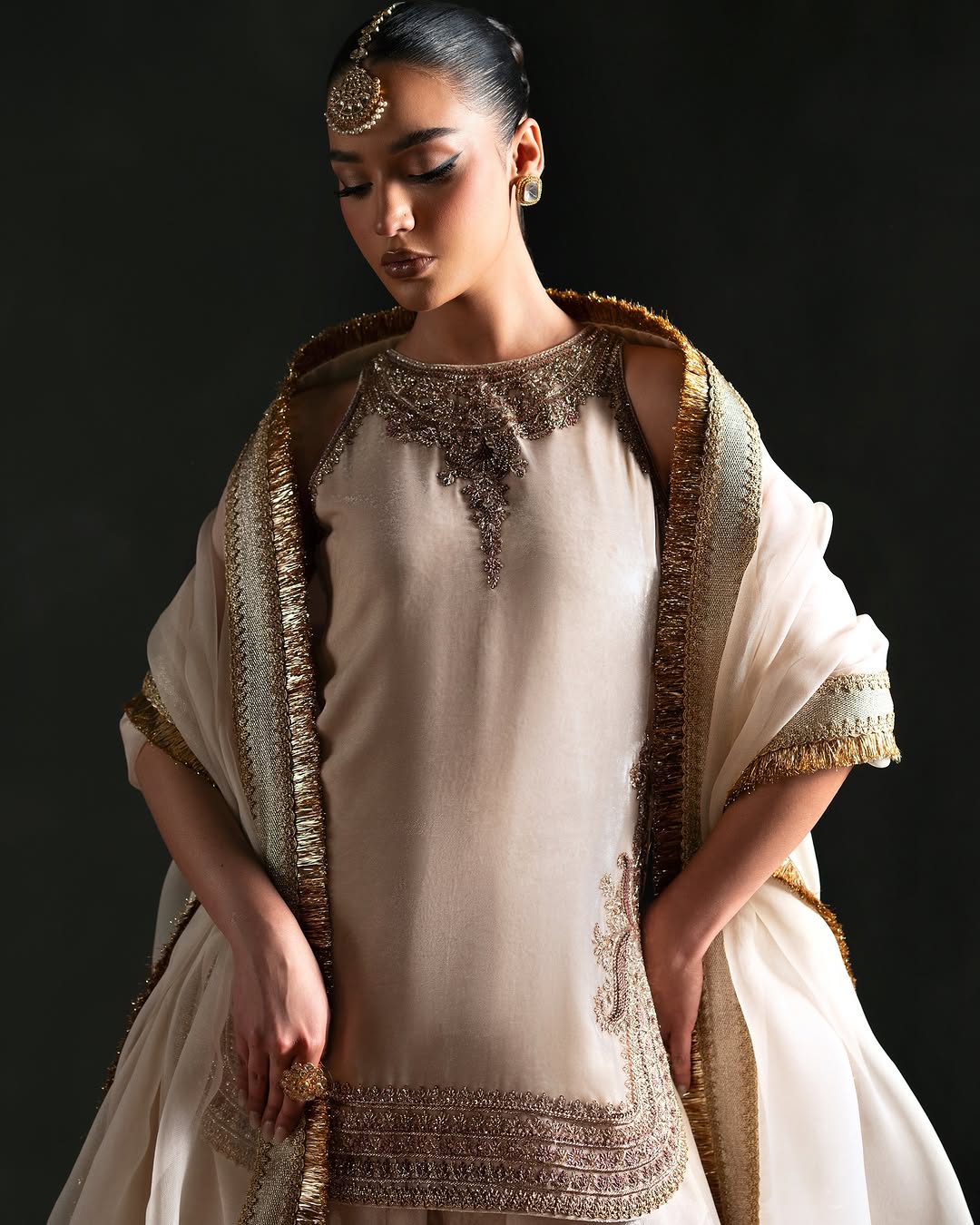 IVORY VELVET SHARARA WITH GOLD EMBROIDERY