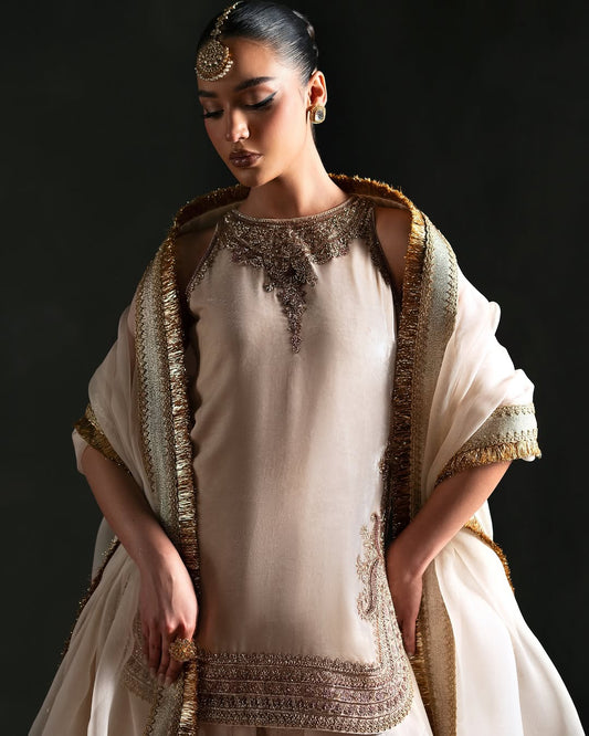 IVORY VELVET SHARARA WITH GOLD EMBROIDERY