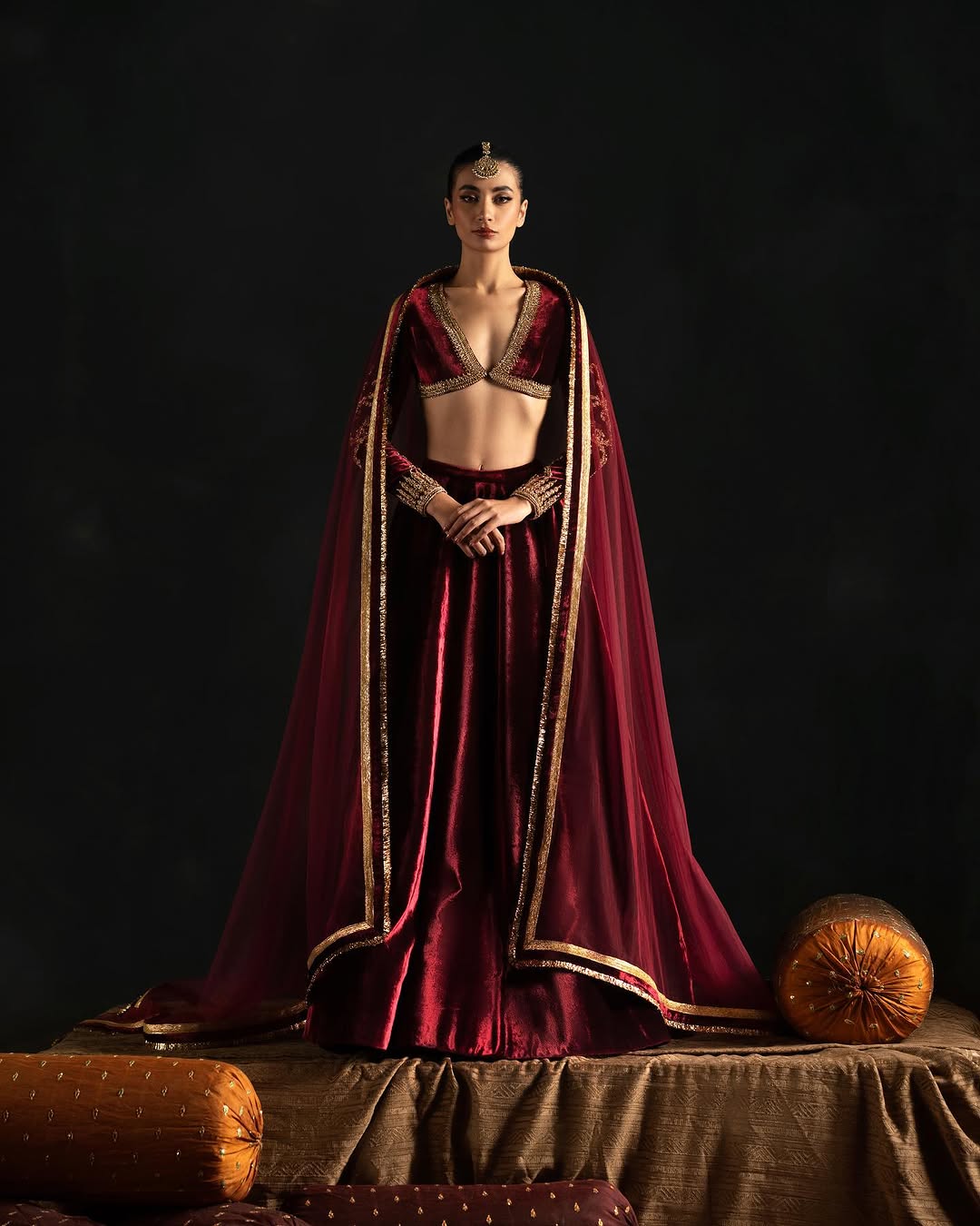 RED VELVET EMBROIDERED LEHENGA