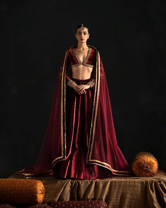 RED VELVET EMBROIDERED LEHENGA