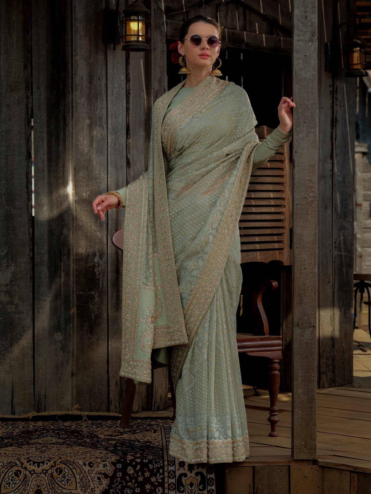 PISTA GREEN JAMDANI SARI WITH ZARDOZI