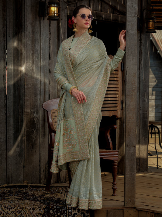 PISTA GREEN JAMDANI SARI WITH ZARDOZI