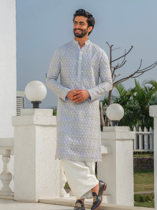 ORGANZA HEAVY HAND EMBROIDERED ZARDOZI KURTA BLUE