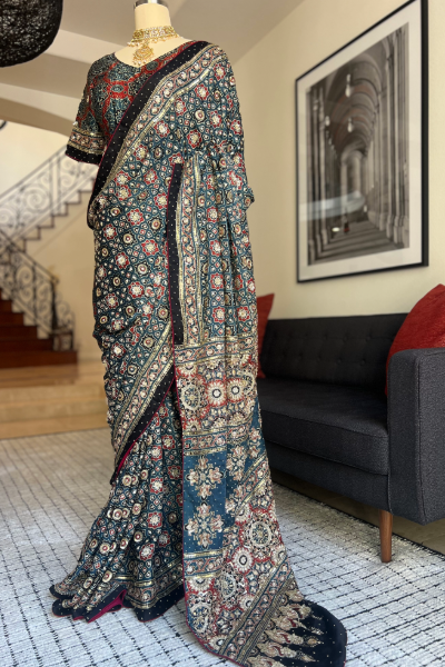 AJRAKH SAREE IN BLUE & RED WITH ZARDZI, SEQUIN & ZARI WORK